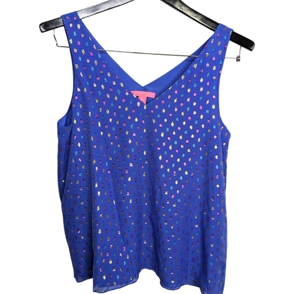 Lilly Pulitzer Florin Blue Moroccan Metallic Silk Sleeveless V Neck Top Large - Picture 1 of 10